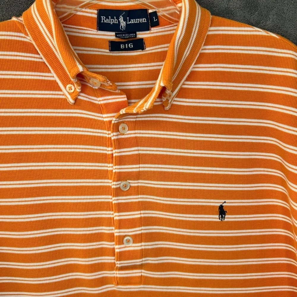Ralph Lauren Mens Big Large Waffle Knit Polo Orange White Striped Shirt